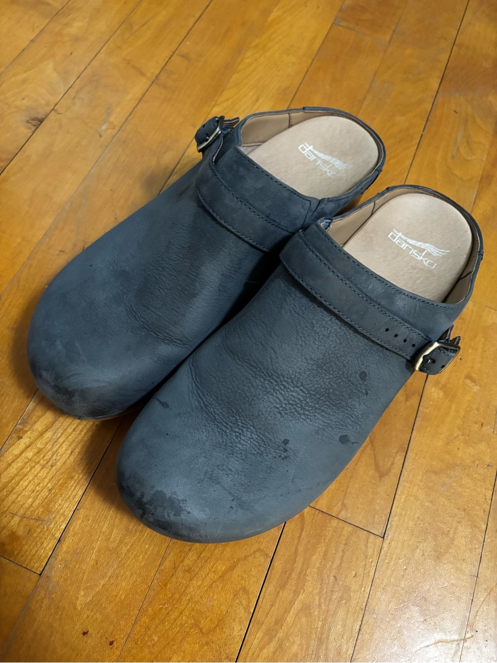 Dansko Charcoal Gray Leather Clogs with Side Buckle
